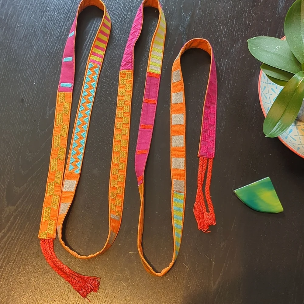 Embroidered double sided belt 2.6m wrap-around boho style orange Gudrun Sjoden - Picture 5 of 13